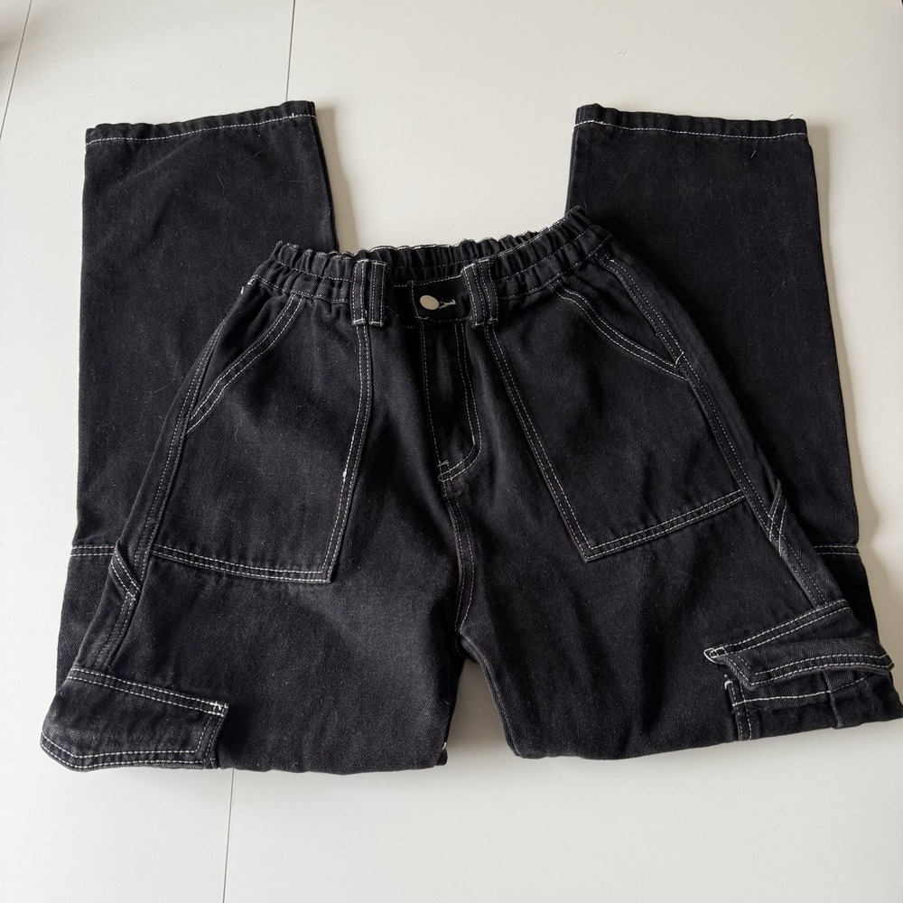 Women's Black Cargo Pants White Stitching‎ Stretchy, Pockets Size Small